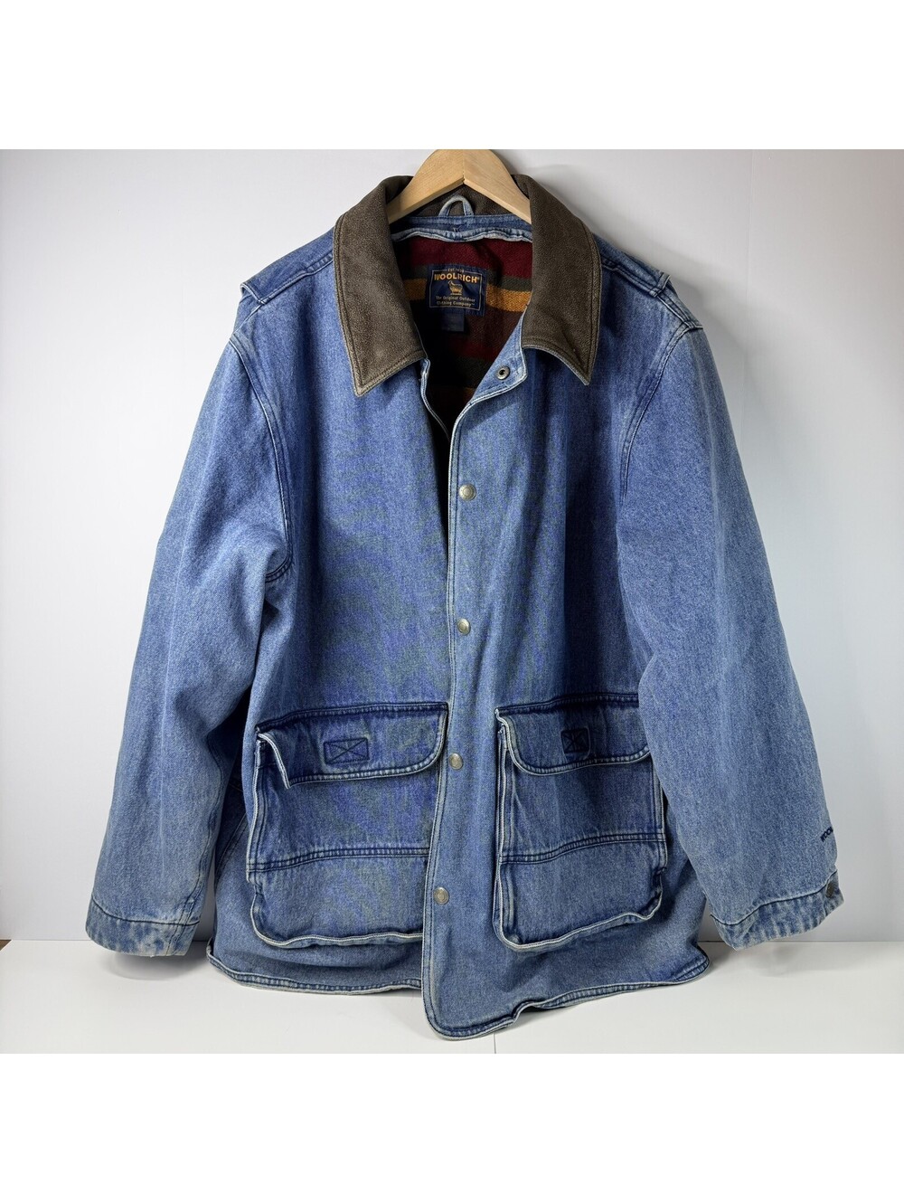 Woolrich Mens XL Denim Jacket Wool Blend Lined Leather Collar Barn Chore Coat